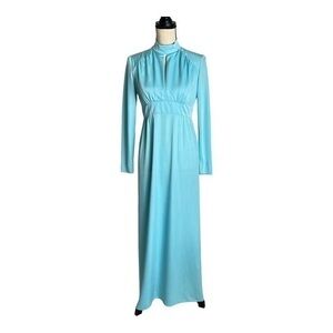 Vintage 1970s Union Label Knit High Collar Blue Keyhole Maxi Dress Size S